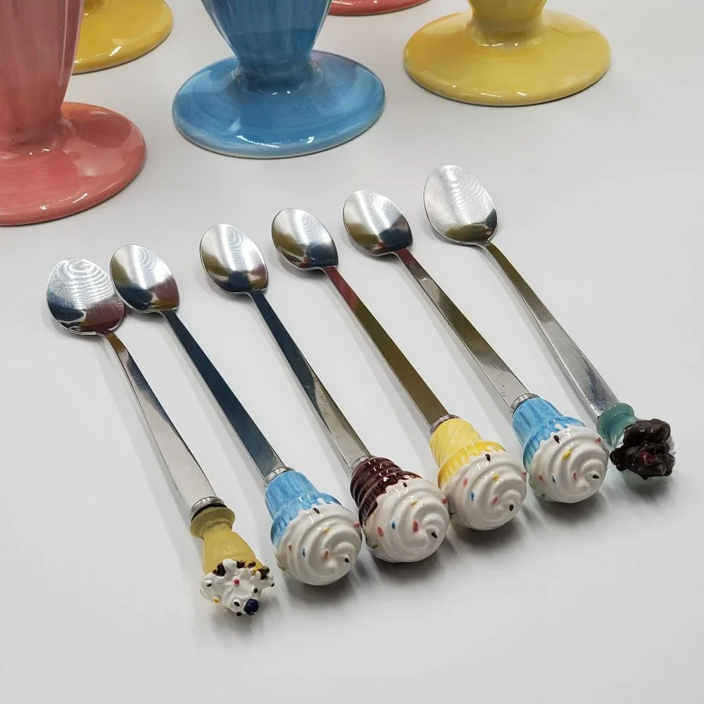 Pottery Barn Outlet Milkshake Ceramic Glass (6) & Spoons (6)